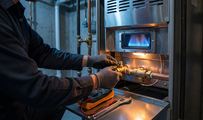 Contractor fixing a furnace heating system